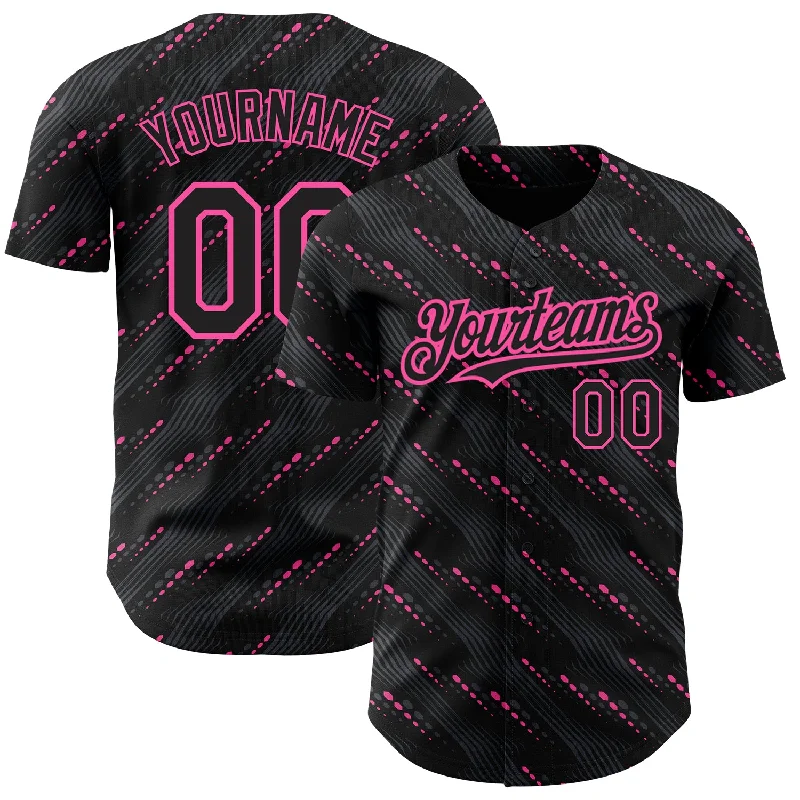 Baseball Jersey With Reflective Material-Custom Black Pink 3D Pattern Design Slant Lines Authentic Baseball Jersey