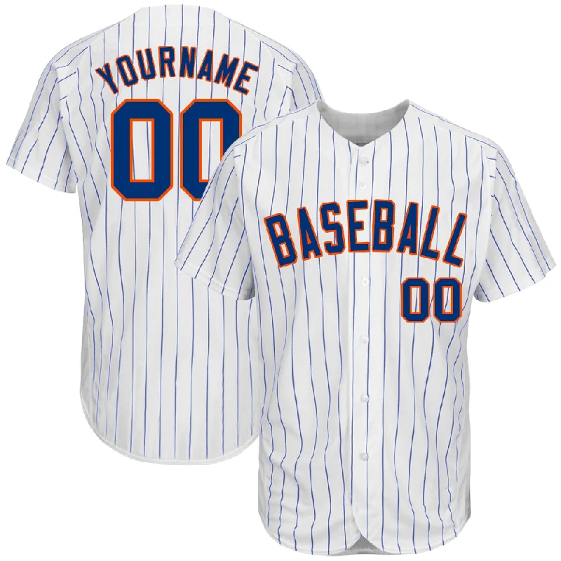 Full Button Baseball Jersey-Custom White Royal Pinstripe Royal-Orange Authentic Baseball Jersey