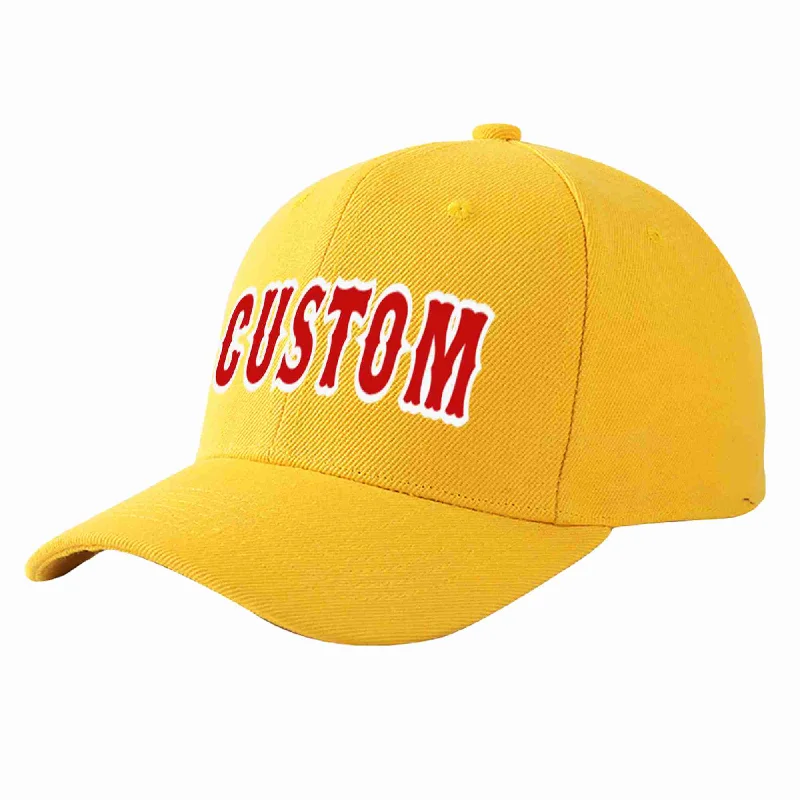 Mid Profile Baseball Cap-Custom Gold Red-White Curved Eaves Sport Baseball Cap Design for Men/Women/Youth