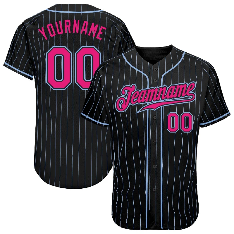 Baseball Jersey With Gradient Effect-Custom Black Light Blue Pinstripe Hot Pink-Light Blue Authentic Baseball Jersey