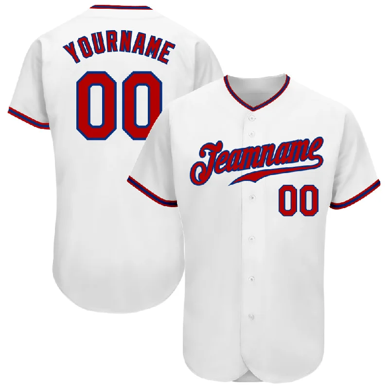 Two-Button Baseball Jersey-Custom White Red-Royal Authentic Baseball Jersey