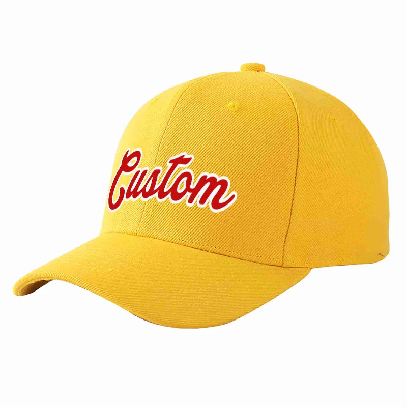 Embroidered Baseball Cap-Custom Gold Red-White Curved Eaves Sport Baseball Cap Design for Men/Women/Youth