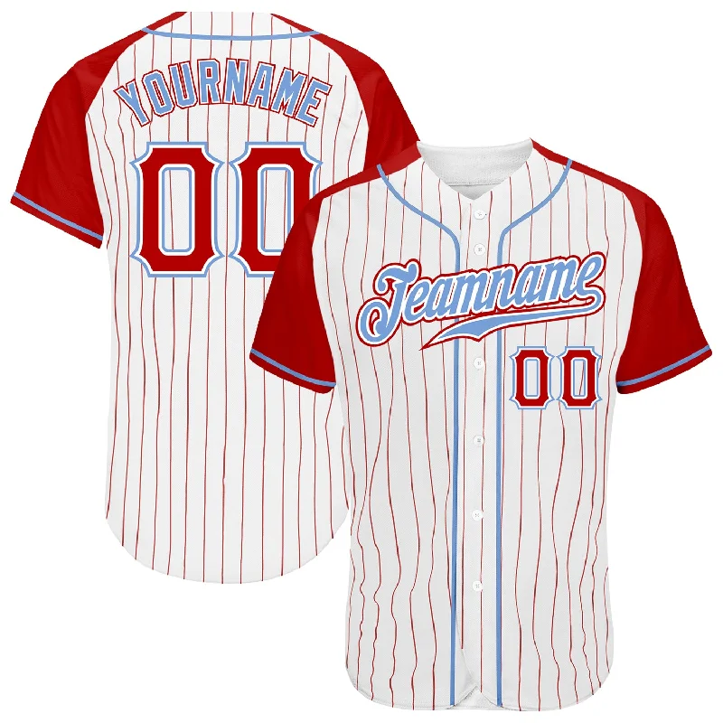 Moisture-Wicking Baseball Jersey-Custom White Red Pinstripe Red-Light Blue Authentic Raglan Sleeves Baseball Jersey