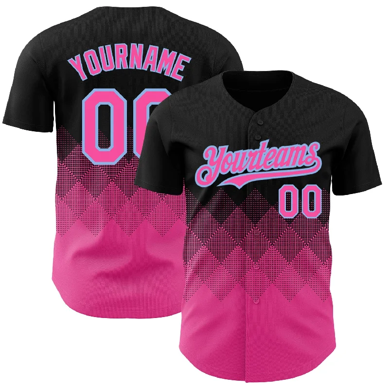 Slim Fit Baseball Jersey-Custom Black Pink-Light Blue 3D Pattern Design Gradient Square Shapes Authentic Baseball Jersey