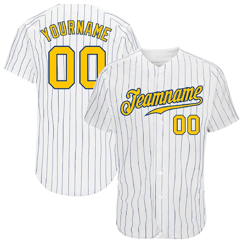 Baseball Jersey With Custom Patches-Custom White Royal Pinstripe Gold-Royal Authentic Baseball Jersey