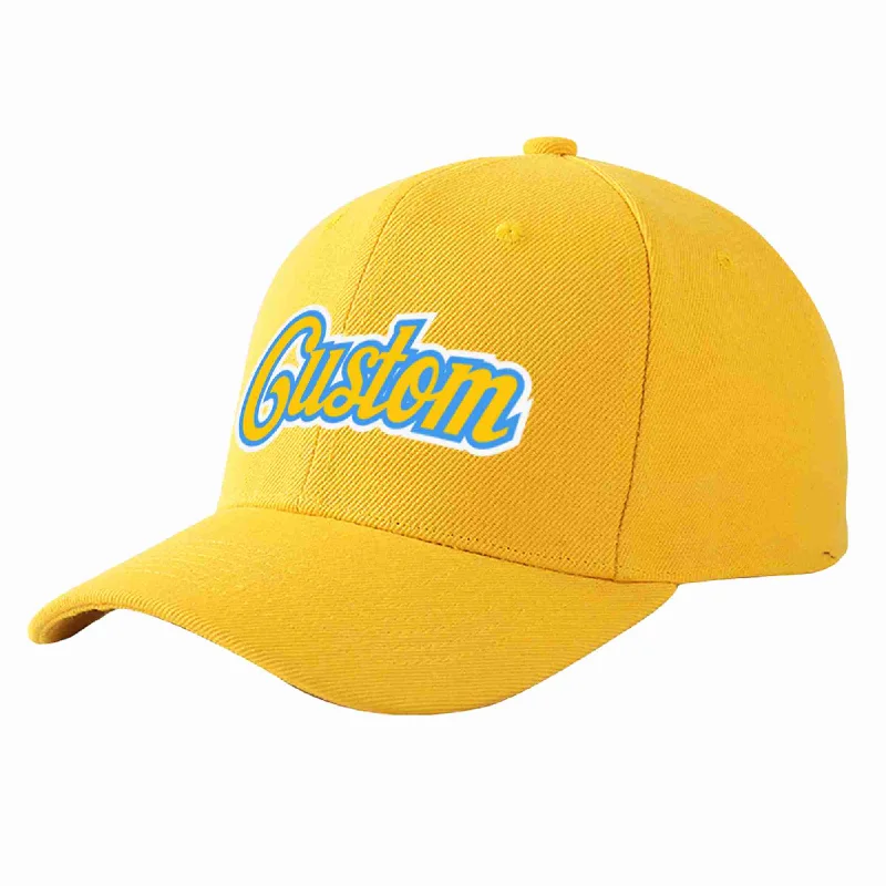 Rigid Baseball Cap-Custom Gold Gold-Powder Blue Curved Eaves Sport Baseball Cap Design for Men/Women/Youth