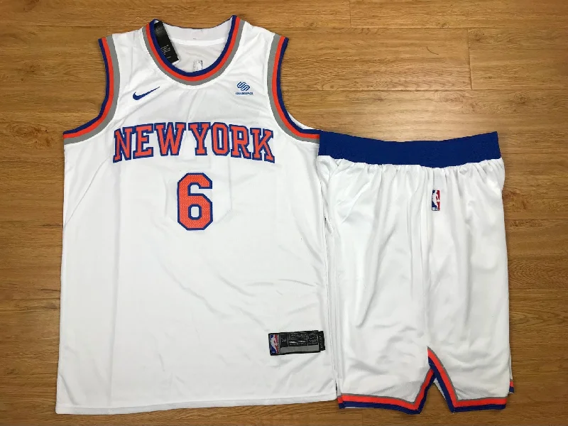 Basketball Jersey With Thumb Holes-Knicks 6 Kristaps Porzingis White Swingman Basketball Jersey(With Shorts)