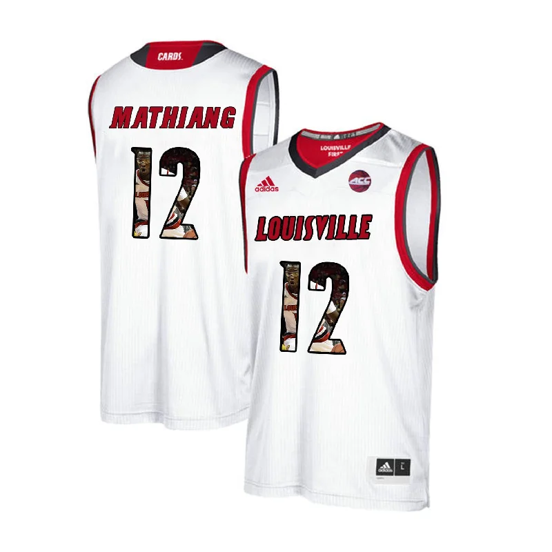 Away Basketball Jersey-Louisville Cardinals 12 Mangok Mathiang White With Portrait Print College Basketball Basketball Jersey