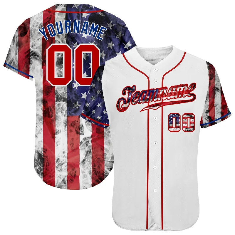 Breathable Baseball Jersey-Custom White Red-Royal 3D American Flag Authentic Baseball Jersey