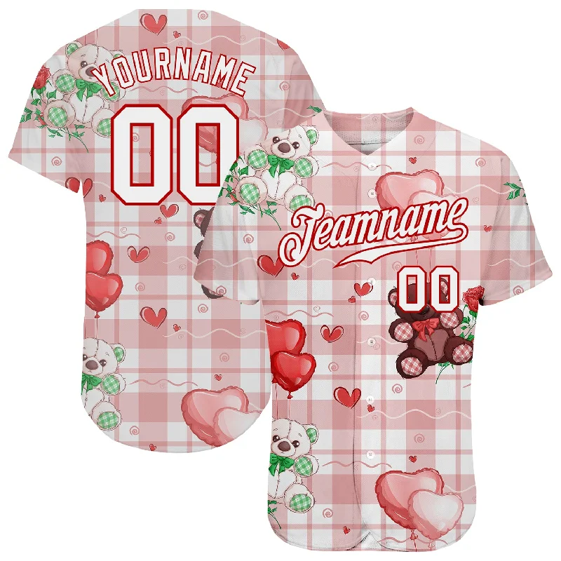 Baseball Jersey With Unbeatable Quality-Custom White White-Red 3D Pattern Design Teddy Bears Authentic Baseball Jersey