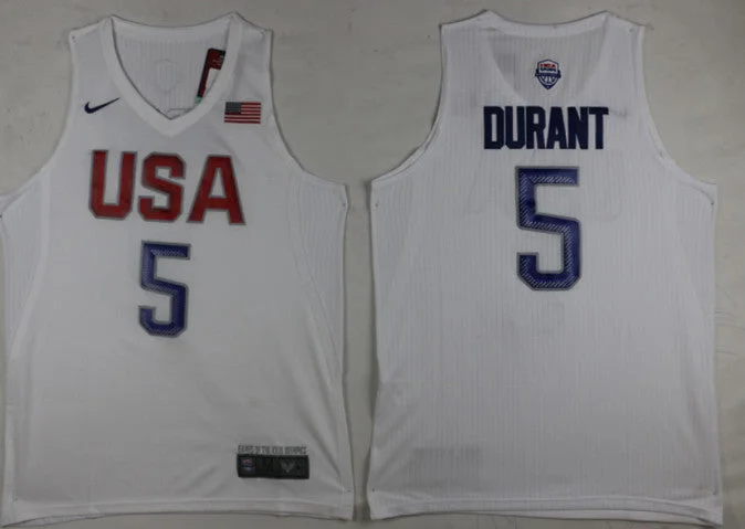 Basketball Jersey With Hand-Drawn Illustrations-USA 5 Kevin Durant White 2016 Olympic Basketball Team Basketball Jersey