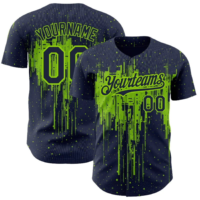 Baseball Jersey For Outdoor Games-Custom Navy Neon Green 3D Pattern Design Dripping Splatter Art Authentic Baseball Jersey