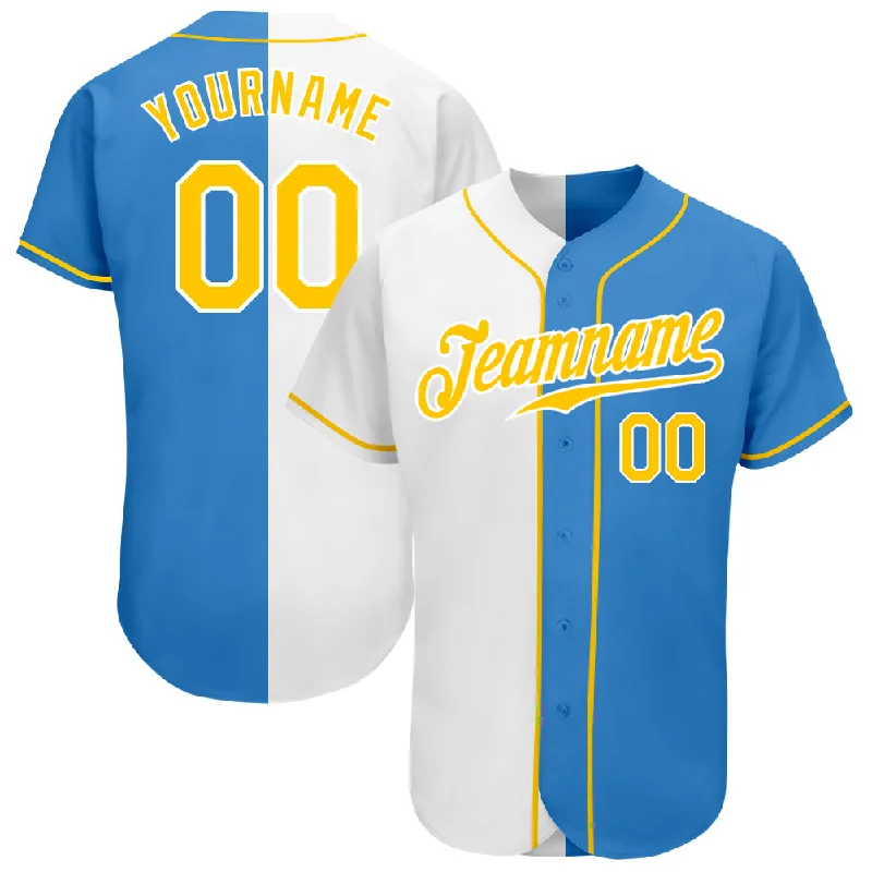 Baseball Jersey With Stripes-Custom Powder Blue Gold-White Authentic Split Fashion Baseball Jersey