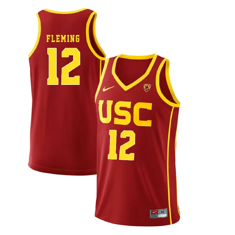 Basketball Jersey With Black And White Print-USC Trojans 12 Devin Fleming Red College Basketball Basketball Jersey