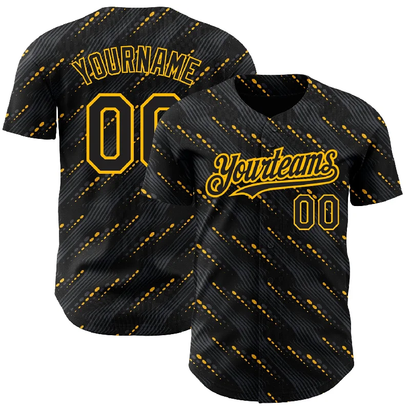 Baseball Jersey With Pockets-Custom Black Gold 3D Pattern Design Slant Lines Authentic Baseball Jersey