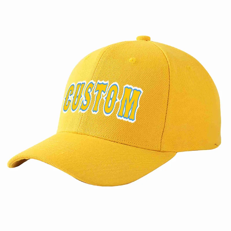 Flexfit Baseball Cap-Custom Gold Gold-Powder Blue Curved Eaves Sport Baseball Cap Design for Men/Women/Youth