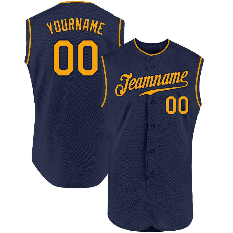 Baseball Jersey With Striped Sleeves-Custom Navy Gold Authentic Sleeveless Baseball Jersey