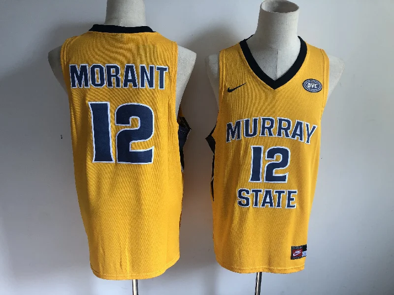 Slim Fit Basketball Jersey-Murray State 12 Ja Morant Yellow College Basketball Basketball Jersey