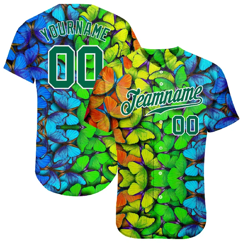 Baseball Jersey For Coaches-Custom Royal Kelly Green-White 3D Pattern Design Multicolored Butterflies Authentic Baseball Jersey