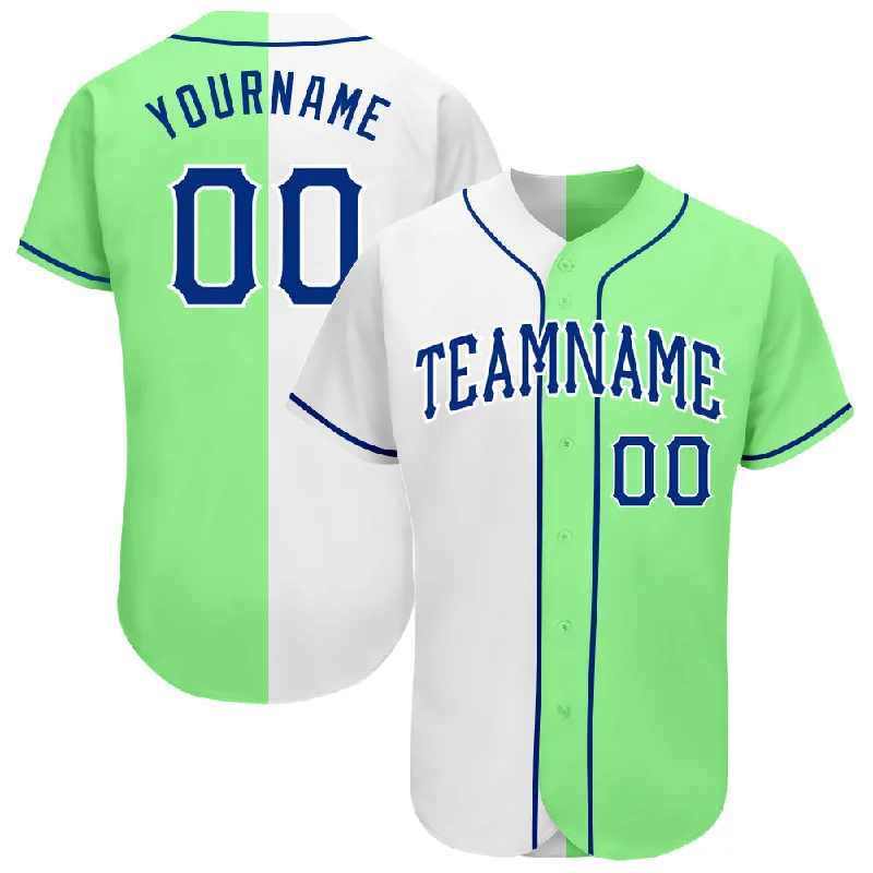 Baseball Jersey With Sponsor Logos-Custom Pea Green Royal-White Authentic Split Fashion Baseball Jersey