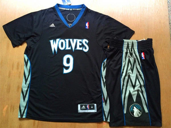 Basketball Jersey With Stretch Fit-Timberwolves 9 Rubio Black Short Sleeve Basketball Jersey(With Shorts)