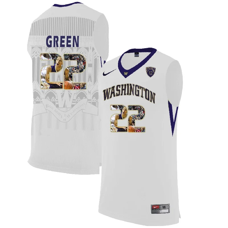 Basketball Jersey With Distressed Fabric-Washington Huskies 22 Dominic Green White With Portait College Basketball Basketball Jersey