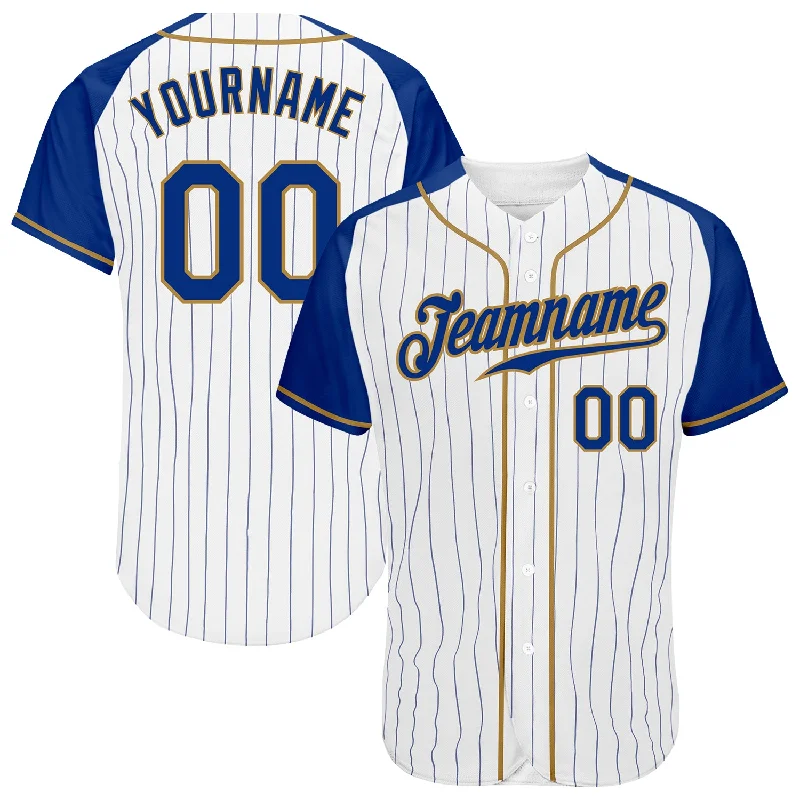 Baseball Jersey With Ultra-Lightweight Design-Custom White Royal Pinstripe Royal-Old Gold Authentic Raglan Sleeves Baseball Jersey