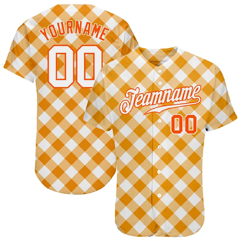 Personalized Baseball Jersey-Custom White White-Orange 3D Pattern Design Orange Plaid Authentic Baseball Jersey