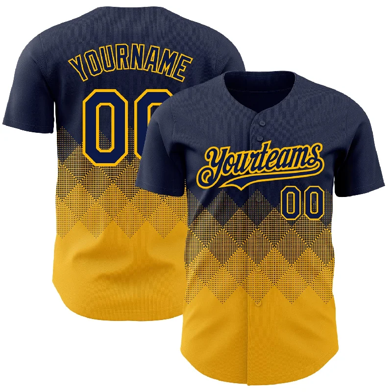 Baseball Jersey With Trendy Style-Custom Navy Gold 3D Pattern Design Gradient Square Shapes Authentic Baseball Jersey