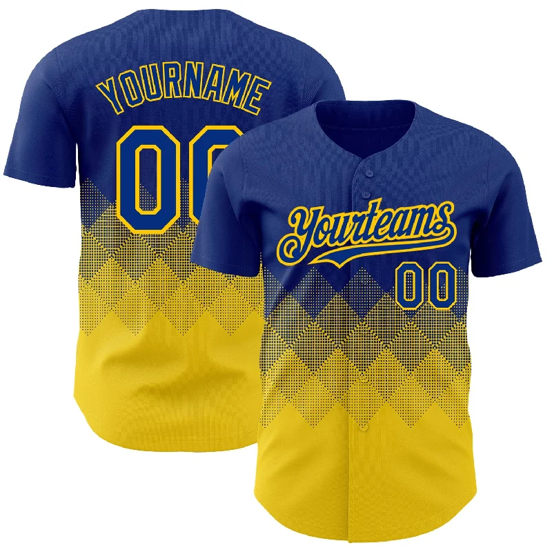 Baseball Jersey With Fashion-Forward Appeal-Custom Royal Yellow 3D Pattern Design Gradient Square Shapes Authentic Baseball Jersey