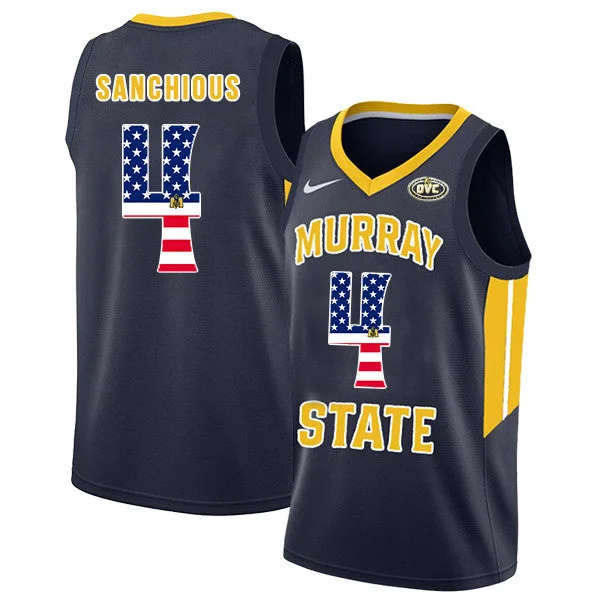 Basketball Jersey With Stylish Edge-Murray State Racers 4 Brion Sanchious Navy USA Flag College Basketball Basketball Jersey