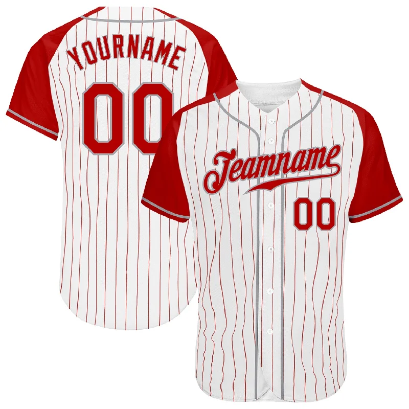 Training Baseball Jersey-Custom White Red Pinstripe Red-Gray Authentic Raglan Sleeves Baseball Jersey