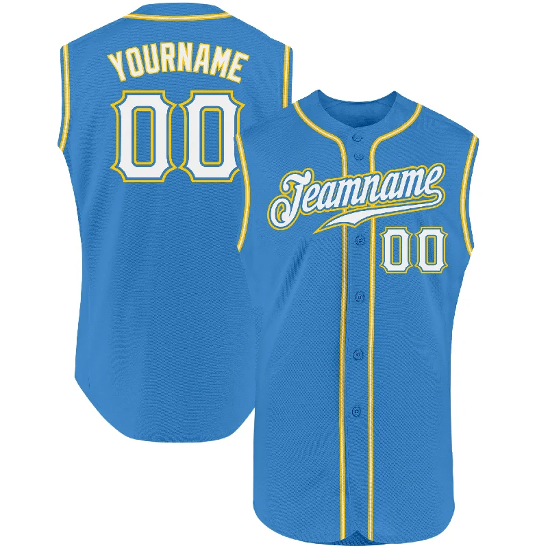 Game Day Baseball Jersey-Custom Powder Blue White-Gold Authentic Sleeveless Baseball Jersey