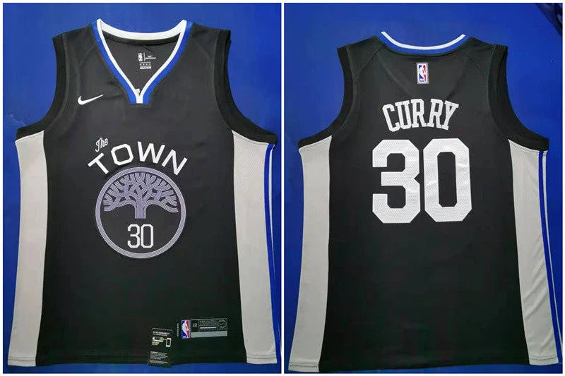 Basketball Jersey With Sponsor Logos-Warriors 30 Stephen Curry Black 2019 20 City Edition Swingman Basketball Jersey