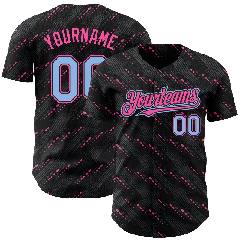 Baseball Jersey With Gold Trim-Custom Black Light Blue-Pink 3D Pattern Design Slant Lines Authentic Baseball Jersey