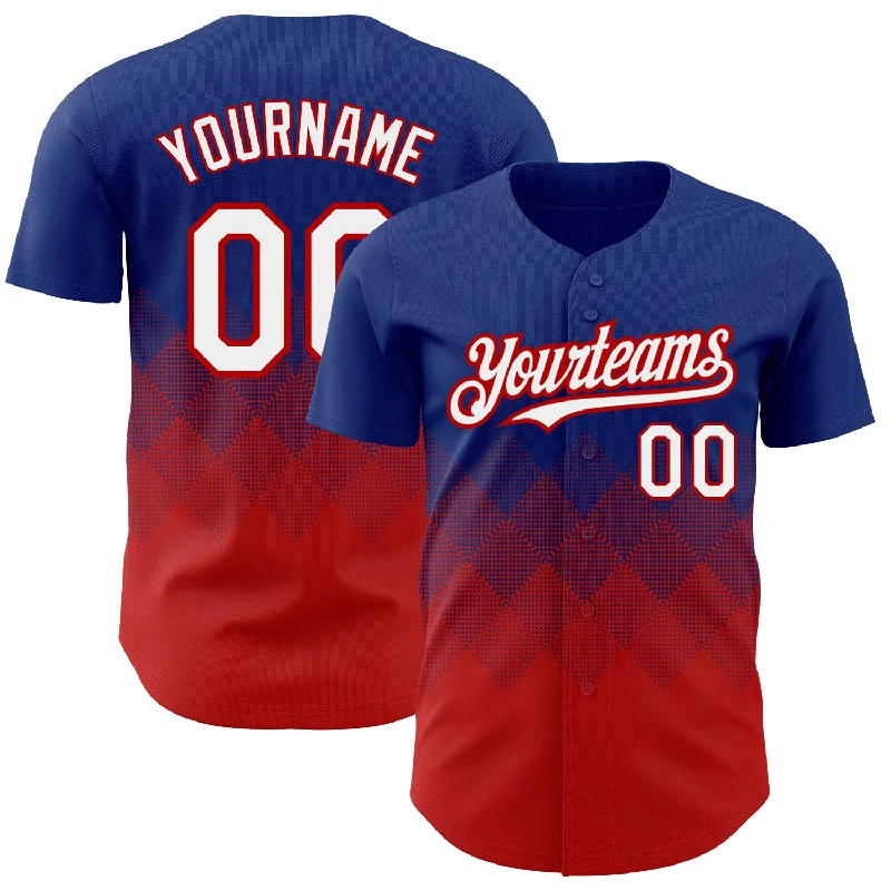 Baseball Jersey With Unmatched Comfort-Custom Royal White-Red 3D Pattern Design Gradient Square Shapes Authentic Baseball Jersey