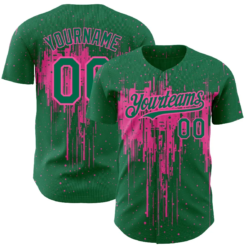 Baseball Jersey For Little League-Custom Kelly Green Pink 3D Pattern Design Dripping Splatter Art Authentic Baseball Jersey