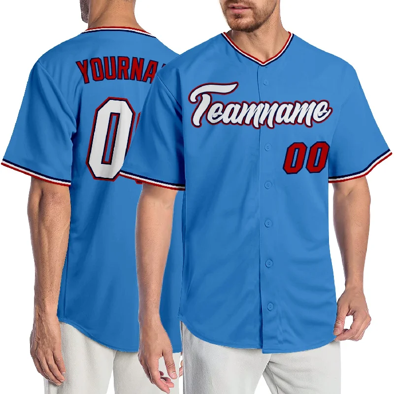 Baseball Jersey With Zipper-Custom Powder Blue White-Red Authentic Baseball Jersey