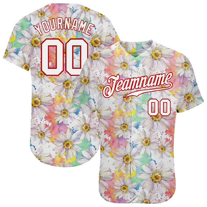 Baseball Jersey With Trendy Style-Custom White White-Red 3D Pattern Design Daisy Authentic Baseball Jersey