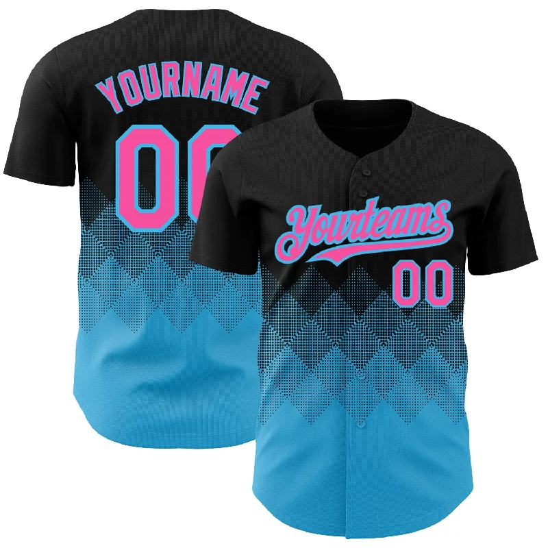 Official Baseball Jersey-Custom Black Pink-Sky Blue 3D Pattern Design Gradient Square Shapes Authentic Baseball Jersey