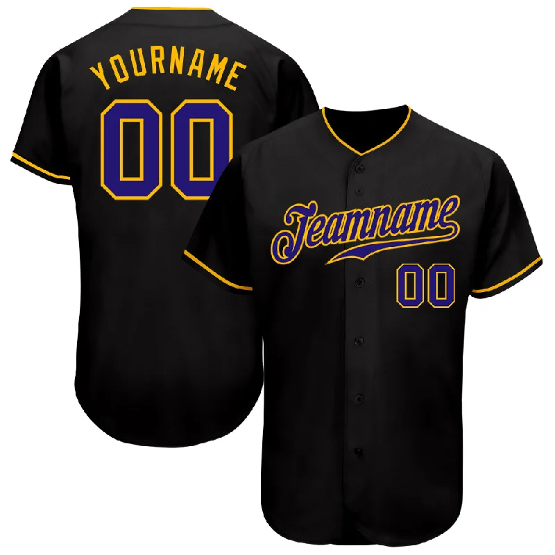 Baseball Jersey With Glitter Accents-Custom Black Dark Purple-Gold Authentic Baseball Jersey