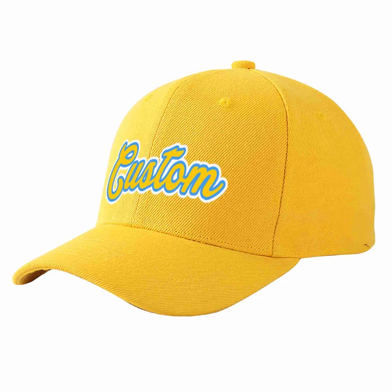 Wool Baseball Cap-Custom Gold Gold-Powder Blue Curved Eaves Sport Baseball Cap Design for Men/Women/Youth