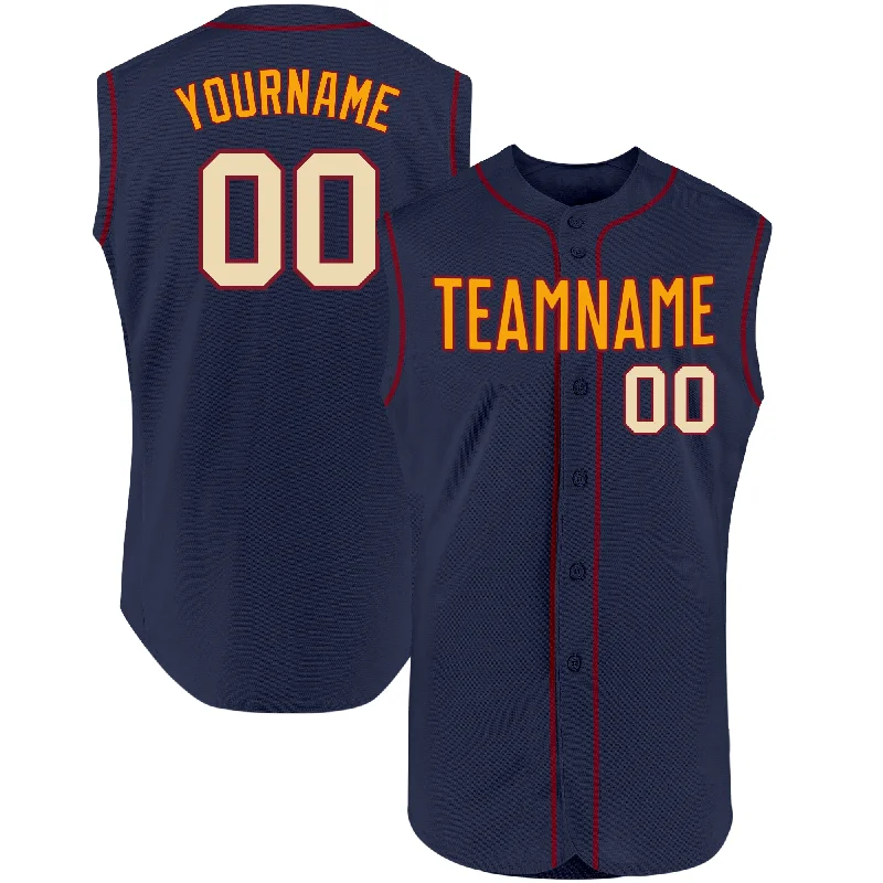 Baseball Jersey With Flame Graphics-Custom Navy Cream-Crimson Authentic Sleeveless Baseball Jersey