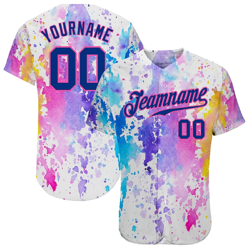 Baseball Jersey With All-Day Wearability-Custom White Royal-Pink 3D Pattern Design Watercolor Authentic Baseball Jersey