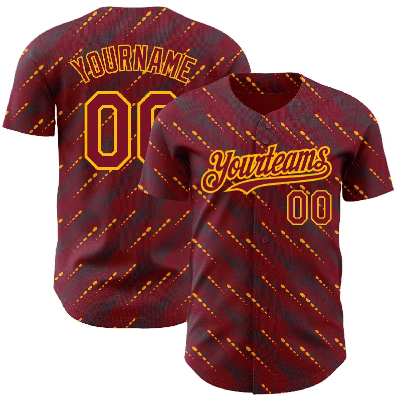 Two-Button Baseball Jersey-Custom Crimson Gold 3D Pattern Design Slant Lines Authentic Baseball Jersey