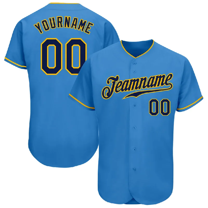 Baseball Jersey With Striped Sleeves-Custom Powder Blue Navy-Gold Authentic Baseball Jersey