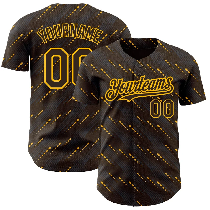 Full Button Baseball Jersey-Custom Brown Gold 3D Pattern Design Slant Lines Authentic Baseball Jersey