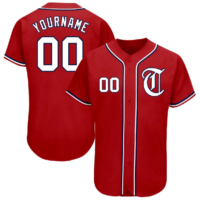 Baseball Jersey With Flame Graphics-Custom Red White-Navy Authentic Baseball Jersey