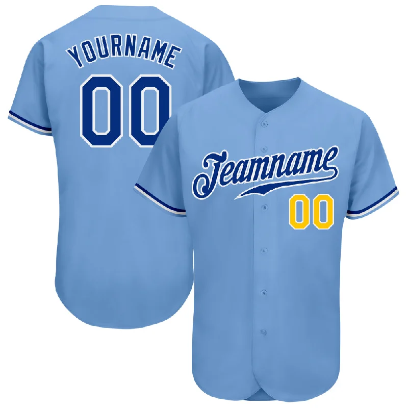 Baseball Jersey With Cartoonish Artwork-Custom Light Blue Royal-Gold Authentic Baseball Jersey