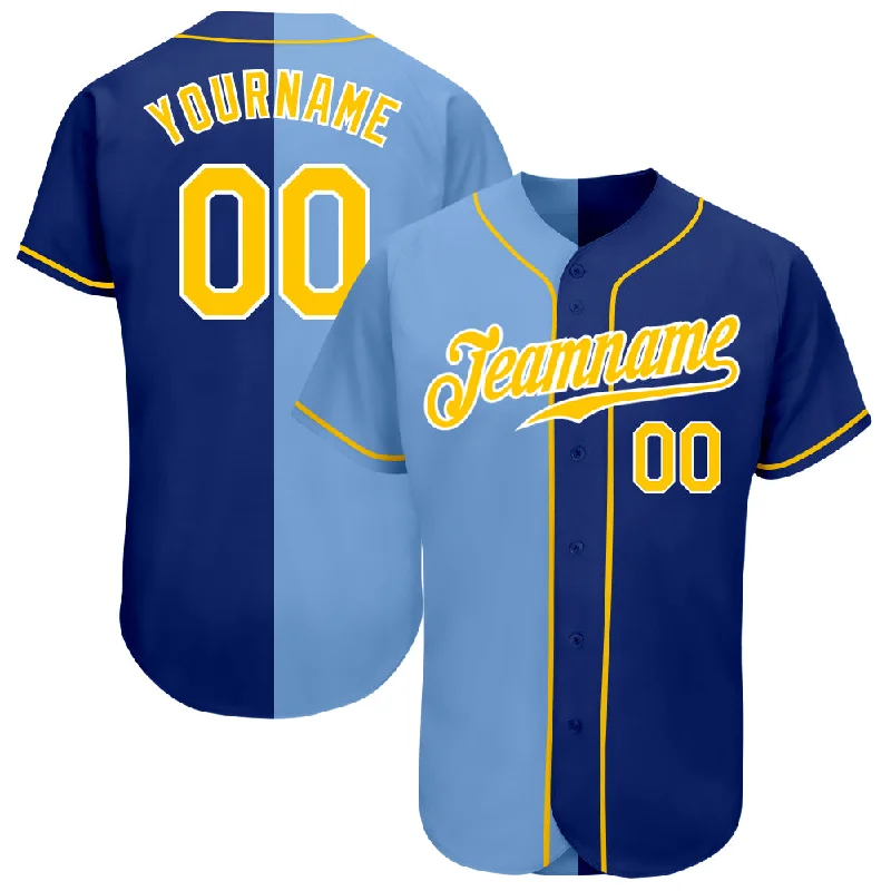 Baseball Jersey With Flames-Custom Royal Gold-Light Blue Authentic Split Fashion Baseball Jersey